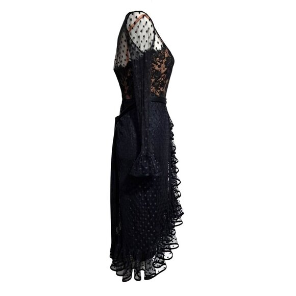 Vintage 70s Jack Bryan Black Gothic Polka Dot Lace Ruffled Midi Dress Sz 4 Emo M - Picture 11 of 12
